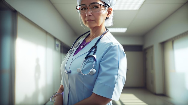 Eine Frau in einem weißen Kittel steht in einem Flur mit einem Schild mit der Aufschrift "Doktor".