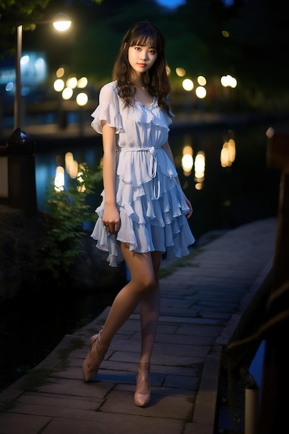 eine Frau in einem weißen Kleid geht an einem Fluss mit Lichtern im Hintergrund.