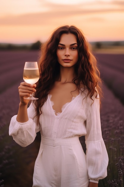 Eine Frau in einem weißen Kleid hält ein Glas Wein in einem Lavendelfeld