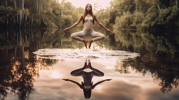 Eine Frau in einem weißen Kleid macht Yoga an einem See.