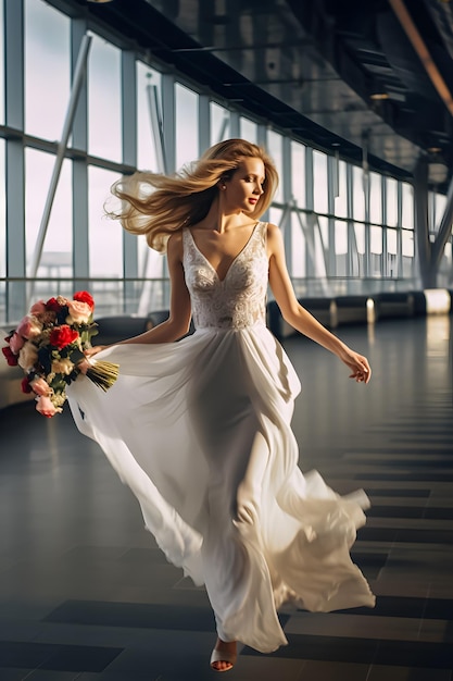 Eine Frau in einem weißen Kleid mit Blumen im Haar.