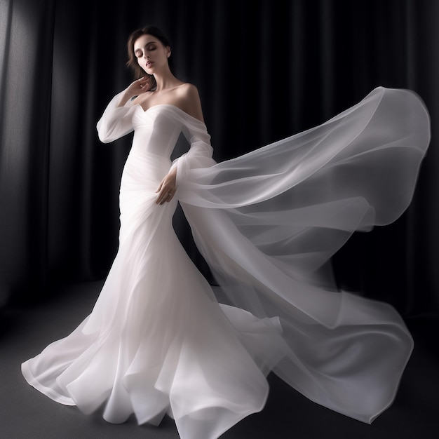 eine Frau in einem weißen Kleid mit einem langen, fließenden Rock.