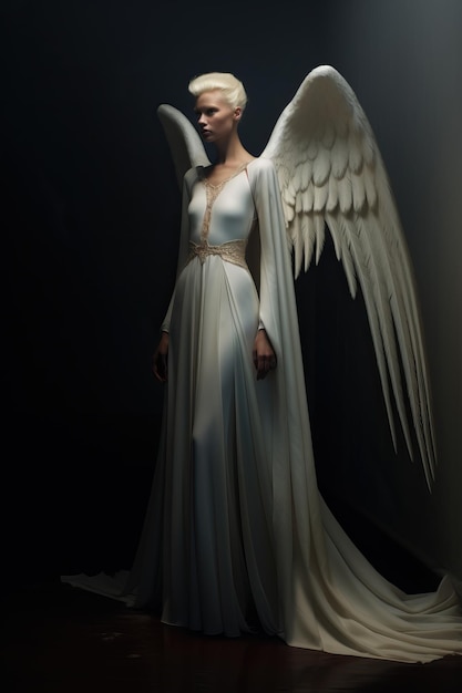 eine Frau in einem weißen Kleid mit Flügeln