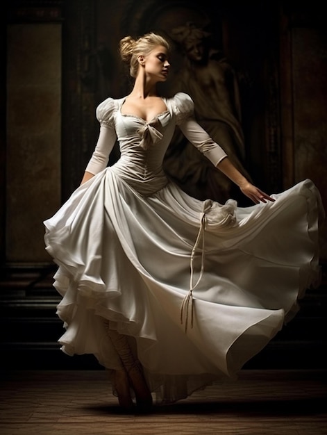 Eine Frau in einem weißen Kleid mit langem Rock.