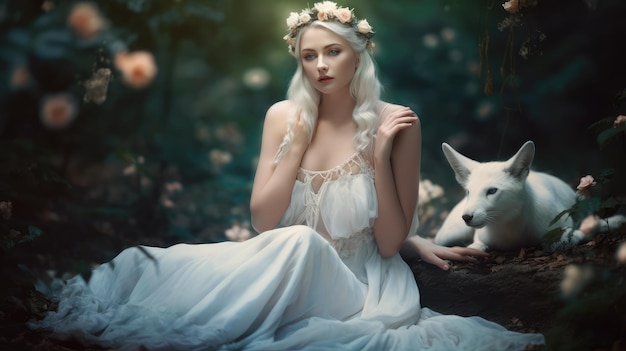 Eine Frau in einem weißen Kleid sitzt auf einem Baumstamm mit einem weißen Fuchs im Hintergrund.
