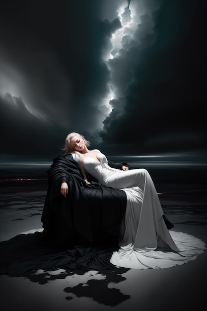 Eine Frau in einem weißen Kleid sitzt auf einem Stuhl, im Hintergrund ist ein Sturm zu sehen.