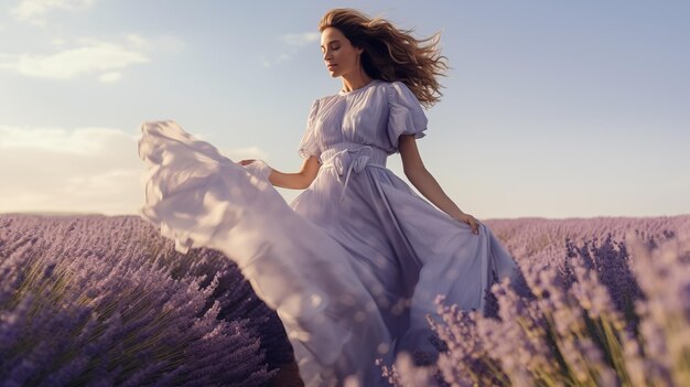 eine Frau in einem weißen Kleid sitzt in einem Feld von Lavendel