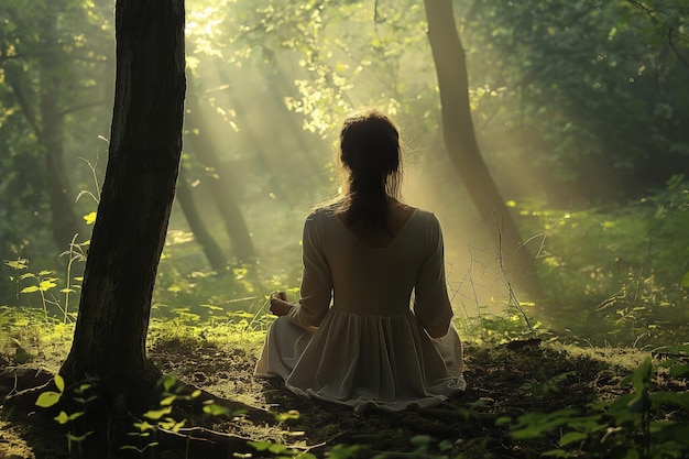 Eine Frau in einem weißen Kleid sitzt in einer Lotusposition unter den Bäumen im Wald