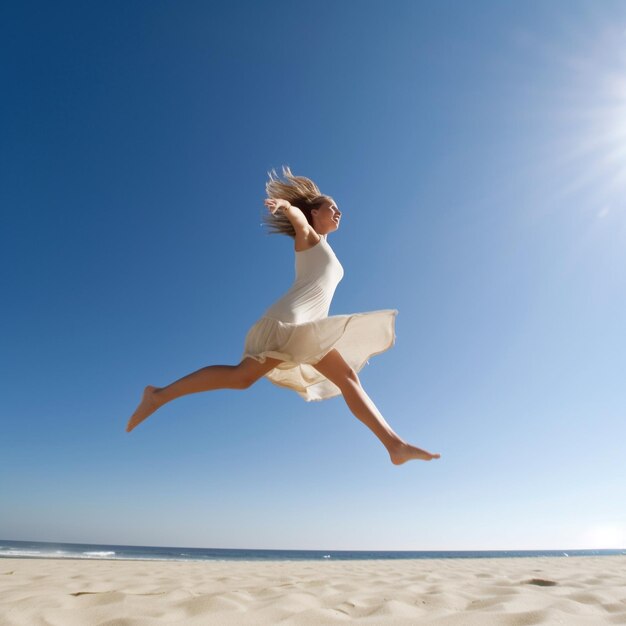 eine Frau in einem weißen Kleid springt auf dem Strand in die Luft