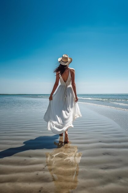 eine Frau in einem weißen Kleid steht am Strand