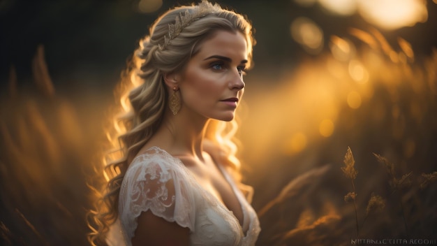 Eine Frau in einem weißen Kleid steht auf einem Feld und die Sonne scheint ihr ins Gesicht.