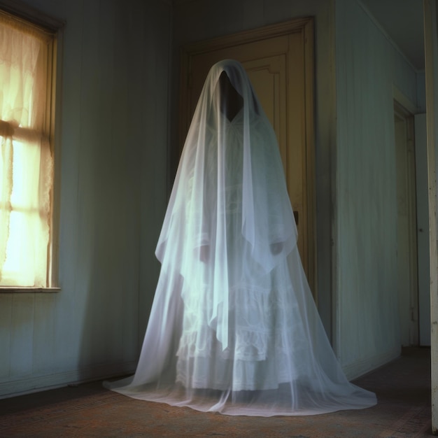 Eine Frau in einem weißen Kleid steht in einem leeren Raum