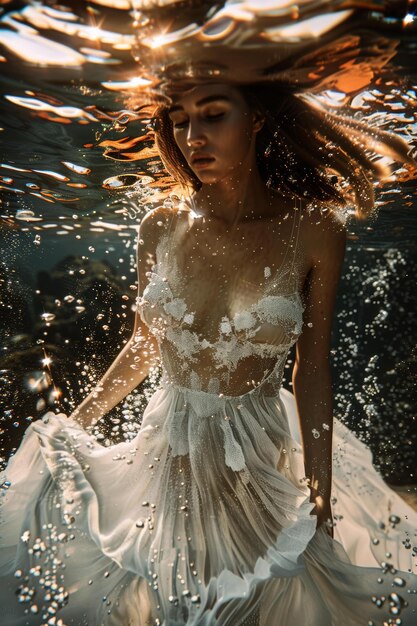 Eine Frau in einem weißen Kleid unter Wasser