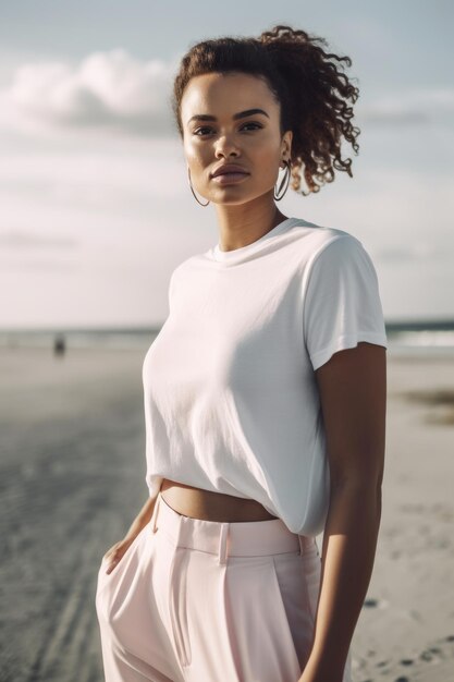 Eine Frau in einem weißen Oberteil steht an einem Strand und trägt ein weißes Oberteil und einen rosa Rock.