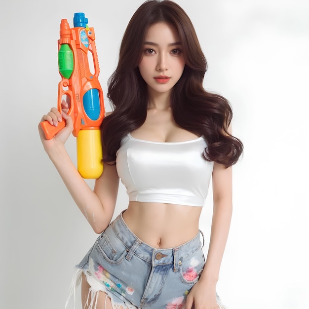 eine Frau in einem weißen Oberteil und einem Jeans, die eine Spielzeugpistole hält