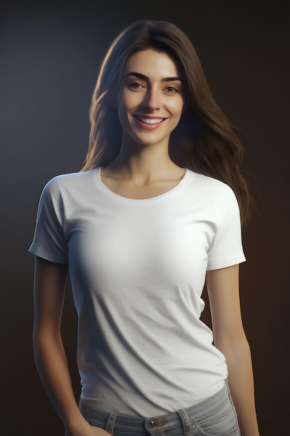 Eine Frau in einem weißen T-Shirt lächelt und trägt ein weißes T-Shirt