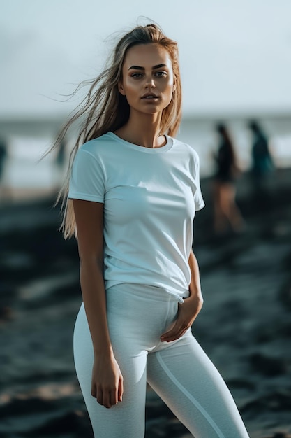 Eine Frau in einem weißen T-Shirt steht am Strand