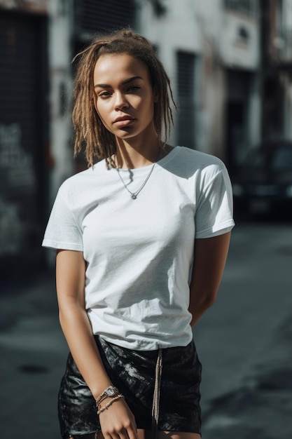 Eine Frau in einem weißen T-Shirt steht auf der Straße und trägt ein weißes T-Shirt.