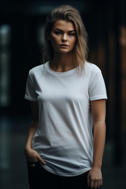 Eine Frau in einem weißen T-Shirt steht in einem dunklen Raum