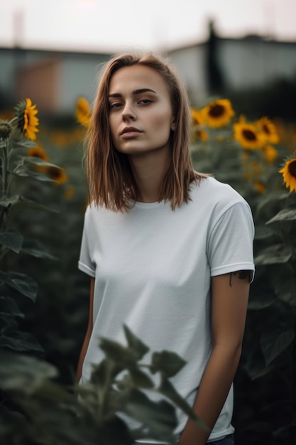 Eine Frau in einem weißen T-Shirt steht in einem Sonnenblumenfeld.