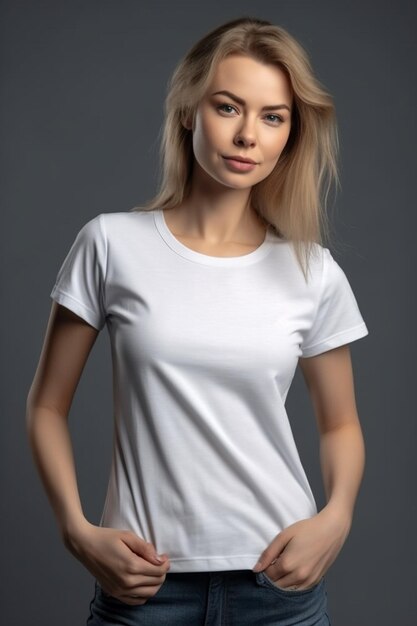 Eine Frau in einem weißen T-Shirt steht vor einem grauen Hintergrund.