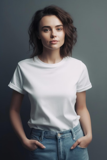 Eine Frau in einem weißen T-Shirt steht vor einer grauen Wand.