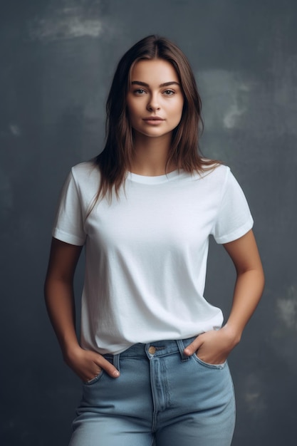 Eine Frau in einem weißen T-Shirt steht vor einer grauen Wand