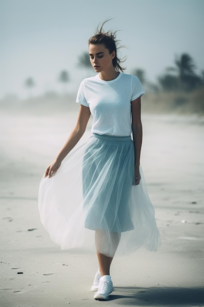 Eine Frau in einem weißen T-Shirt und einem blauen Rock geht am Strand spazieren.