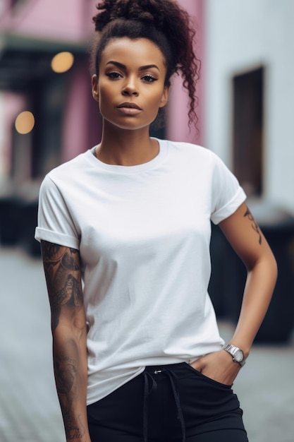 Eine Frau in einem weißen T-Shirt