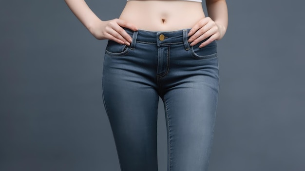 Eine Frau in einem weißen Top und Jeans mit weißem Top