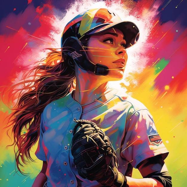 Eine Frau in einer Baseballuniform mit einem Helm und ein Bild einer Frau mit einem Helm mit dem Wort " Softball " darauf.