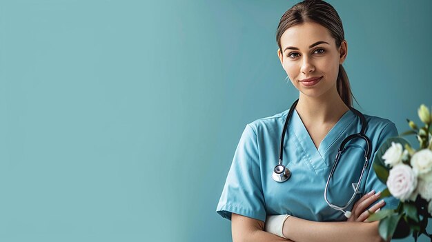 eine Frau in einer blauen Uniform mit einem Stethoskop am Hals