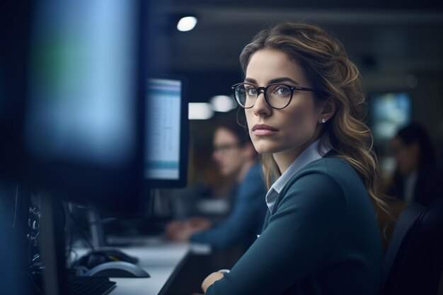 Eine Frau in einer Brille sitzt vor einem Computerbildschirm und ein Mann in einem Anzug schaut auf den Bildschirm.