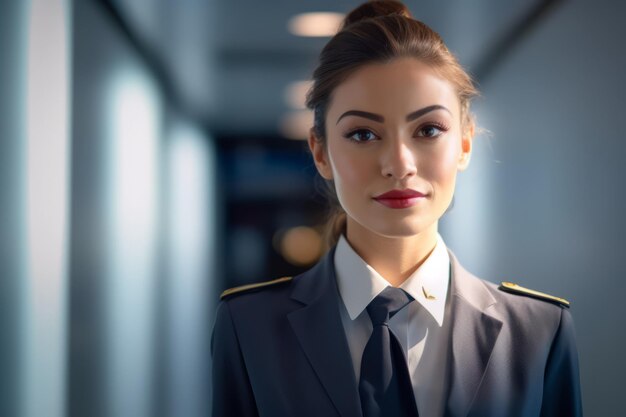 Eine Frau in einer Flugbegleiteruniform. Ein Porträt einer Frau in einer Flugbegleiteruniform