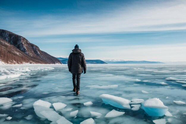 Foto eine frau in einer gelben jacke neben dem meer mit eisstücken in island