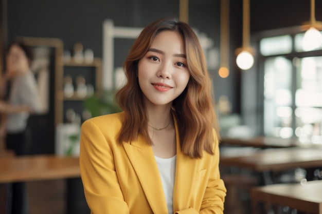 Eine Frau in einer gelben Jacke steht in einem Café und lächelt.