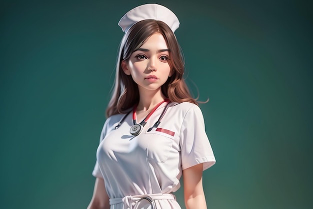 Eine Frau in einer Krankenschwesteruniform steht vor einem grünen Hintergrund.