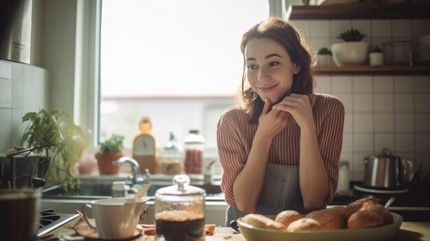 Eine Frau in einer Küche mit einer Schüssel mit Essen auf der Arbeitsplatte