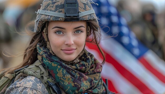 Foto eine frau in einer militäruniform mit einer flagge hinter sich