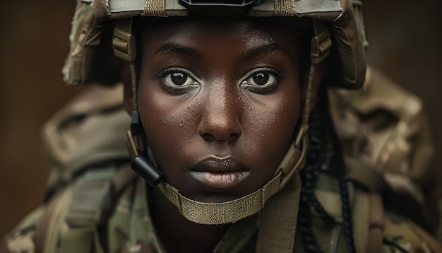 Eine Frau in einer Militäruniform steht in einem Wald