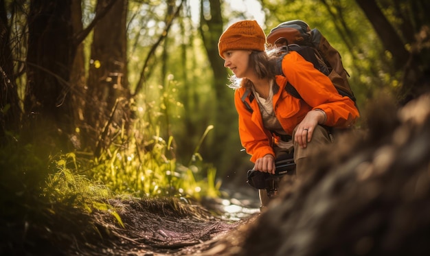 Eine Frau in einer orangefarbenen Jacke kauert mit einem Rucksack auf dem Rücken auf einem Waldweg.