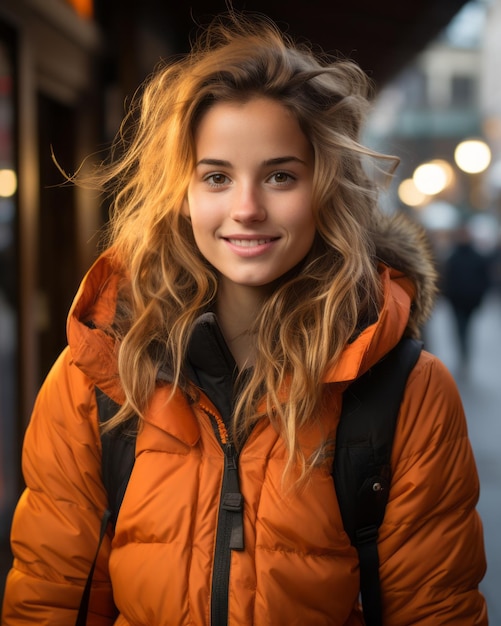 Eine Frau in einer orangefarbenen Jacke