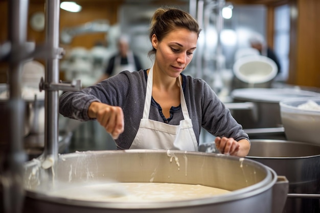 Foto eine frau in einer schürze wäscht das geschirr in einer küche industrielle käse-produktionsanlage moderne technologien produktion verschiedener käsearten in der fabrik