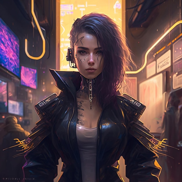 Eine Frau in einer schwarzen Lederjacke mit einem Schild, auf dem „Cyberpunk“ steht