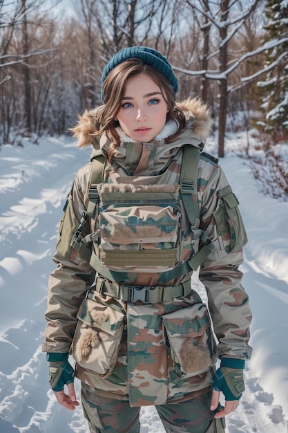 eine Frau in einer Tarnjacke steht im Schnee.