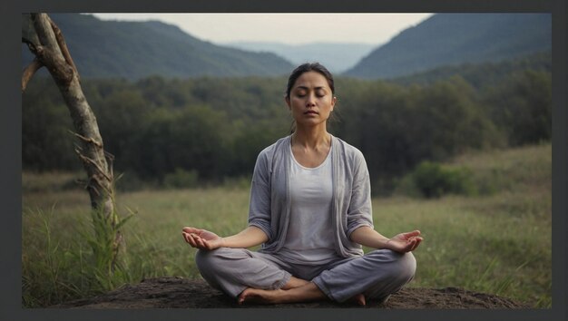 eine Frau in einer Yoga-Pose vor einem Bild eines Berges