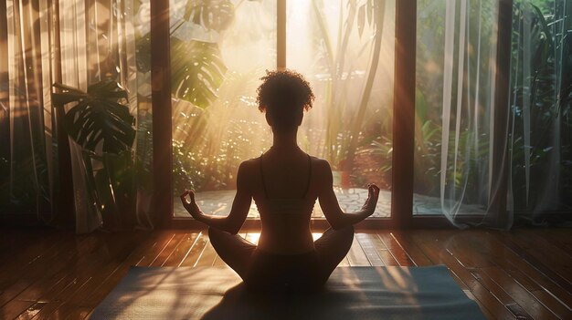 eine Frau in einer Yoga-Pose vor einem Fenster mit der Sonne, die durch das Fenster scheint