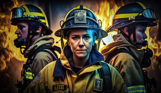 Eine Frau in Feuerwehruniform steht vor einem Feuer mit der Aufschrift „elel“ auf der Vorderseite.