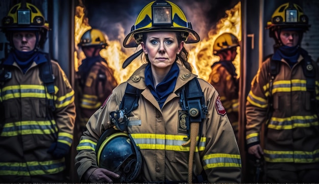 Eine Frau in Feuerwehruniform steht vor einem Feuer.