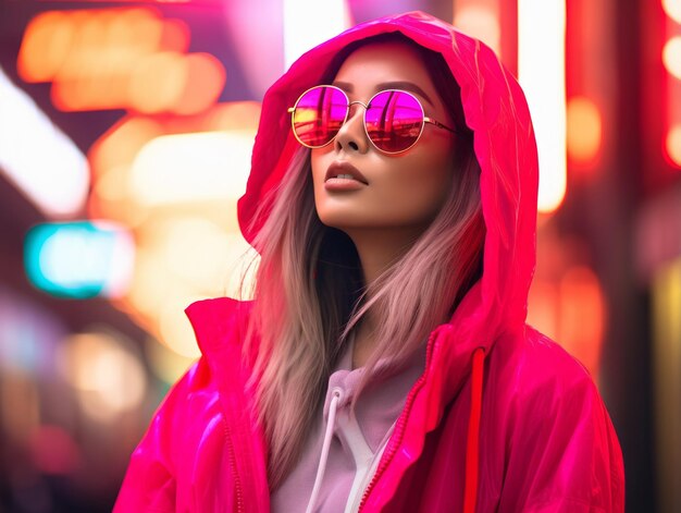 Foto eine frau in futuristischer kleidung genießt einen gemütlichen spaziergang durch die neonfarbenen straßen der stadt